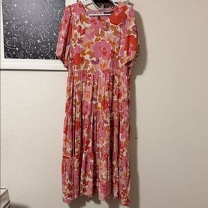 Mister Zimi Nina Tiered Midi Dress Floral Print Mustard Pink Red Cream Women's